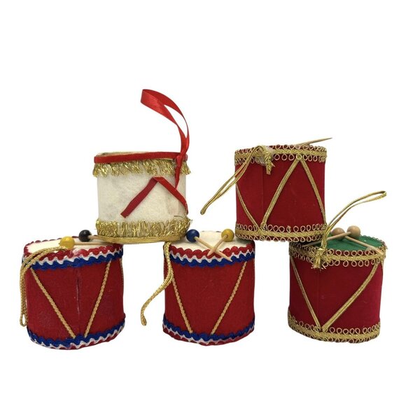 Vintage Set of 9 Flocked Felt Drums Christmas Ornaments Made in Japan - Picture 4 of 9